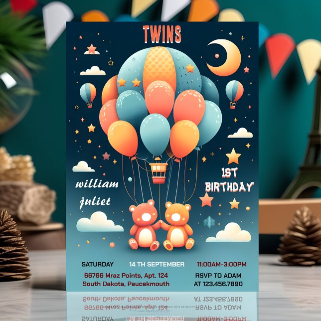 Invitación Con oso conjunto Hot Air Balloon Twins 1er cumplea (Subido por el creador)