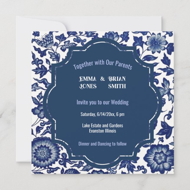 Invitación con patrón floral azul antiguo (Anverso)