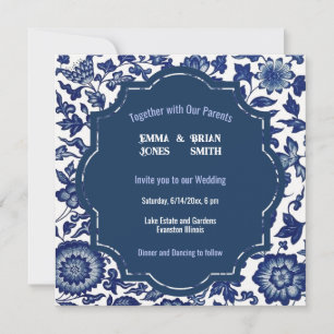 Invitación con patrón floral azul antiguo