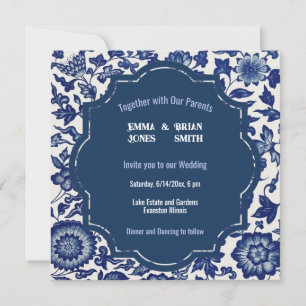 Invitación con patrón floral azul antiguo