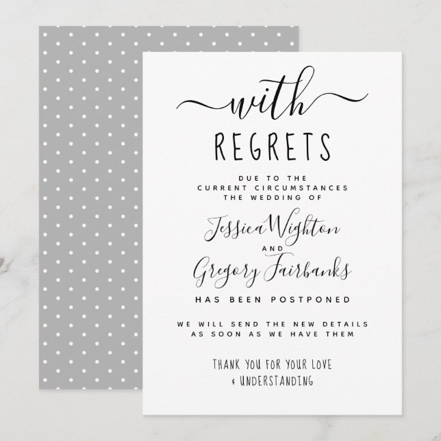 Invitación Con pena, Boda blanco y negro pospuesto (Anverso / Reverso)