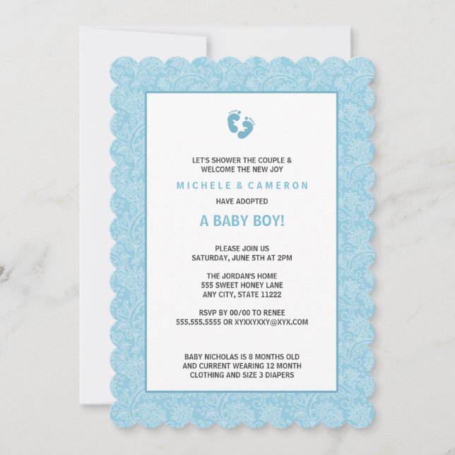 Invitación con pies Blue Damask Boy Baby Shower (Anverso)