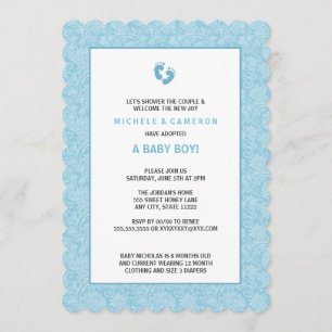 Invitación con pies Blue Damask Boy Baby Shower