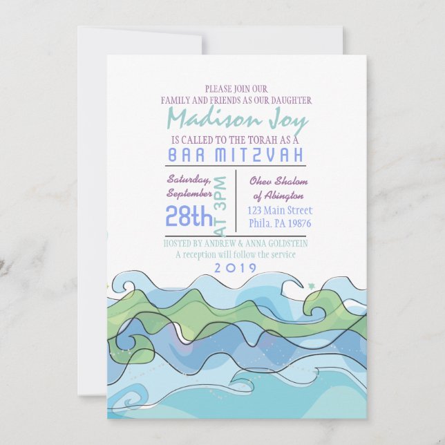 Invitación CON PLAYAS de Mitzvah del palo de la (Anverso)