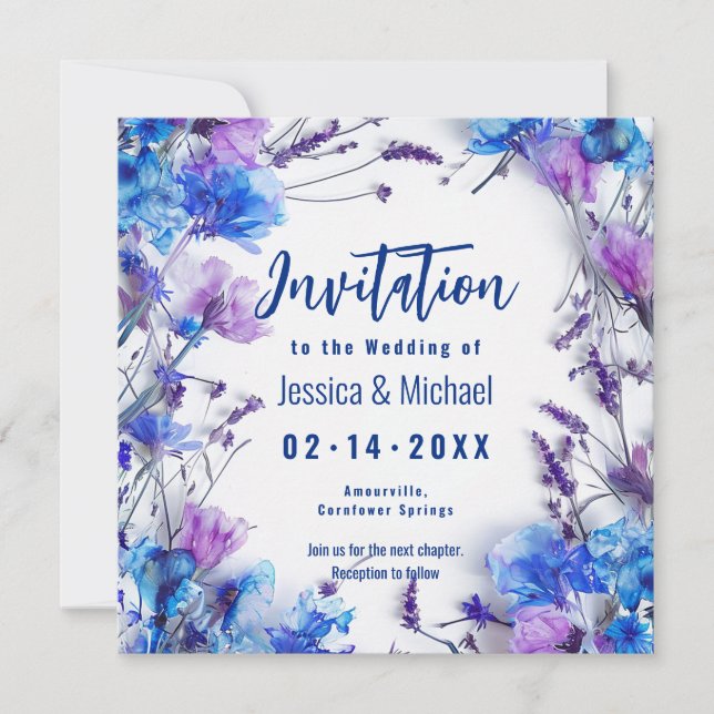 Invitación 💍 con poema Cornflowers y Lavender Elegance (Anverso)