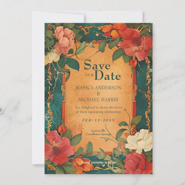 Invitación 🌹 Con QR Rosa Romance: Esplendor Art Nouveau (Anverso)