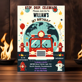 Invitación Con Red Hot Fire Truck Engine Safety 1er cumpleaño