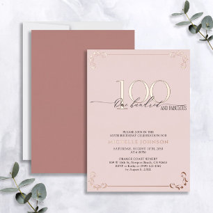 Invitación Con Relieve Metalizado 100 & Fabuloso Cumpleaños con Caligrafía en Rosa y