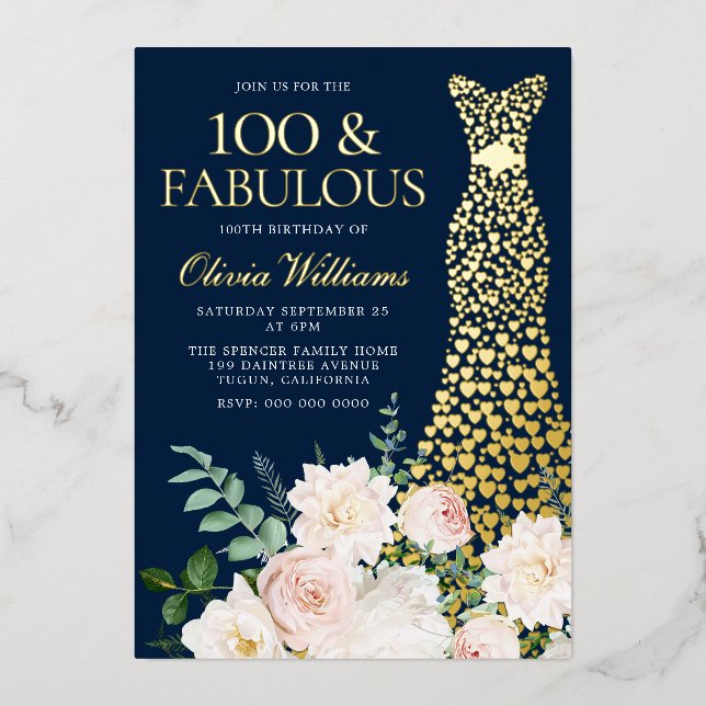 Invitación Con Relieve Metalizado 100 y fabulosa marina y oro 100 cumpleaños (Anverso)