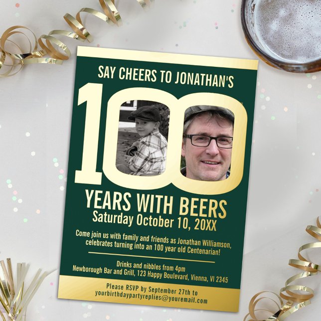 Invitación Con Relieve Metalizado 100th Birthday party cheer beers green gold photos (Subido por el creador)