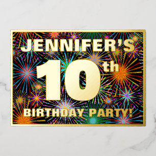 Invitación Con Relieve Metalizado 10.ª Fiesta de Cumpleaños — Diversión, Coloridos f