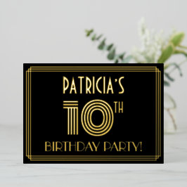 Invitación Con Relieve Metalizado 10.ª Fiesta de Cumpleaños — Estilo Art Deco "10" +