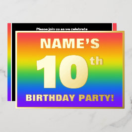 Invitación Con Relieve Metalizado 10.ª fiesta de cumpleaños: Patrón arcoiris diverti