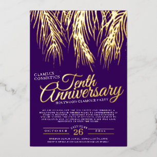 Invitación Con Relieve Metalizado 10° aniversario glamour fiesta palmas moradas de o