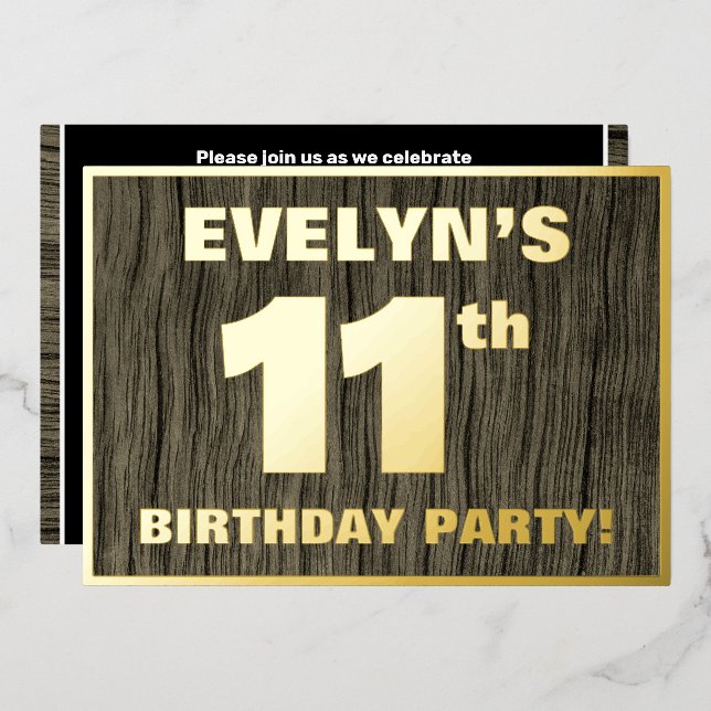 Invitación Con Relieve Metalizado 11th Birthday Party: Bold, Faux Wood Grain Pattern (Anverso/Reverso)