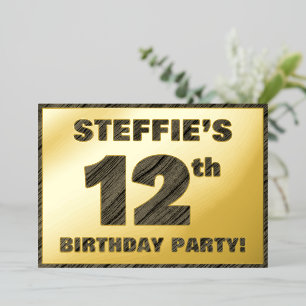 Invitación Con Relieve Metalizado 12.ª Fiesta de Cumpleaños — Negrita, Falsa Madera
