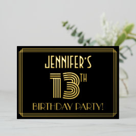 Invitación Con Relieve Metalizado 13.ª Fiesta de Cumpleaños — Estilo Art Deco "13" +