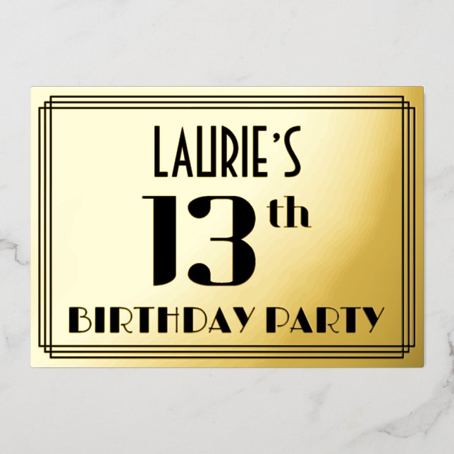 Invitación Con Relieve Metalizado 13th Birthday Party: Art Deco Look “13” and Name (Anverso)