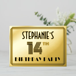 Invitación Con Relieve Metalizado 14ª fiesta de cumpleaños — Estilo Art Deco "14" y 