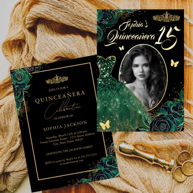 Invitación Con Relieve Metalizado 15.º Relieve metalizado Quinceanera de oro verde e (Subido por el creador)