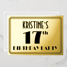 Invitación Con Relieve Metalizado 17.ª Fiesta de Cumpleaños — Aspecto Art Deco "17" 