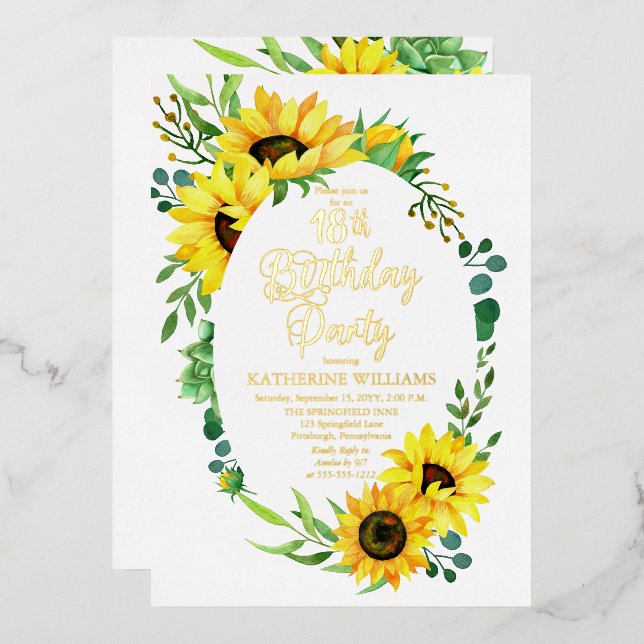 Invitación Con Relieve Metalizado 18.º Sunflower | Eucalyptus Floral (Anverso/Reverso)