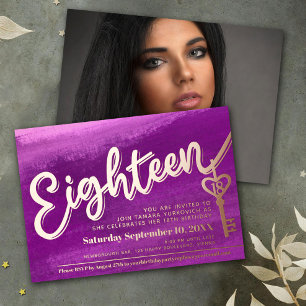 Invitación Con Relieve Metalizado 18 teclas de escritura 18 cumpleaños rosa morado o