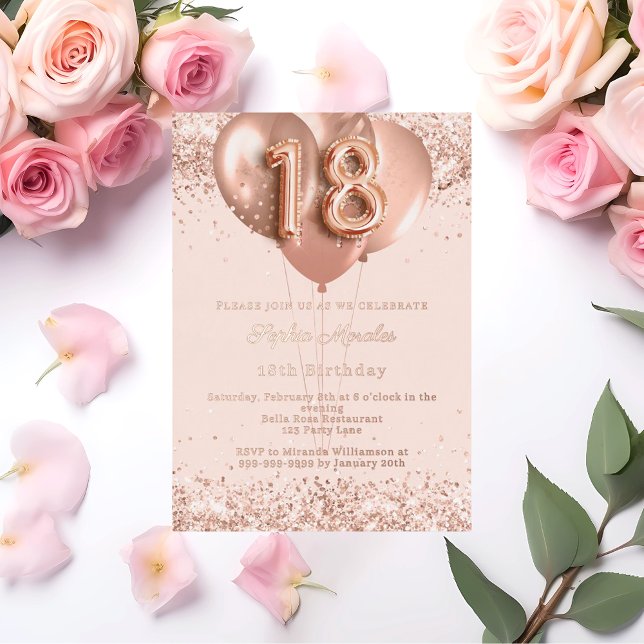 Invitación Con Relieve Metalizado 18th birthday rose gold balloons invitation (Subido por el creador)