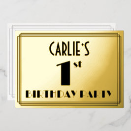 Invitación Con Relieve Metalizado 1.ᵉʳ Fiesta de cumpleaños — Art Deco Aspecto "1" +