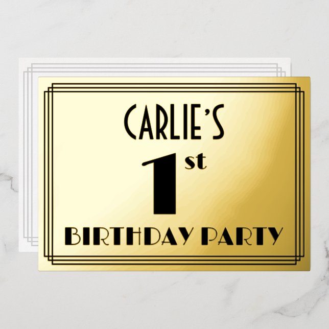 Invitación Con Relieve Metalizado 1.ᵉʳ Fiesta de cumpleaños — Art Deco Aspecto "1" + (Anverso/Reverso)