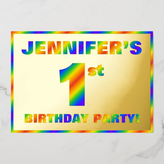 Invitación Con Relieve Metalizado 1.ᵉʳ Fiesta de cumpleaños — Diversión, espectro ar (Anverso)