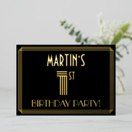 Invitación Con Relieve Metalizado 1.ᵉʳ Fiesta de cumpleaños — Estilo Art Deco "1" + 