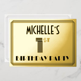 Invitación Con Relieve Metalizado 1.ᵉʳ Fiesta de cumpleaños — Estilo Art Deco "1" y 
