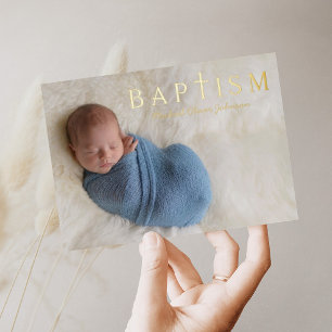 Invitación Con Relieve Metalizado 1 Foto Cruz Religiosa Bautizo Niño Azul Dorado