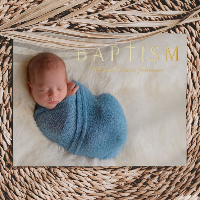 Invitación Con Relieve Metalizado 1 Foto Religiosa Cross Blue Boy Baptism Gold (1 Photo Religious Cross Blue Boy Baptism Gold Foil Invitation)