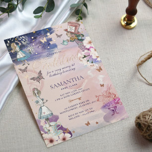 Invitación Con Relieve Metalizado 1er Cumpleaños en Onederland Magical Wonderland
