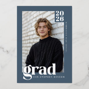 Invitación Con Relieve Metalizado 2026 Azul Moderno 4 Fotos Graduación Plata