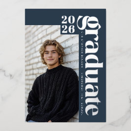 Invitación Con Relieve Metalizado 2026 Modern Graduate Blue Photo Graduation Silver