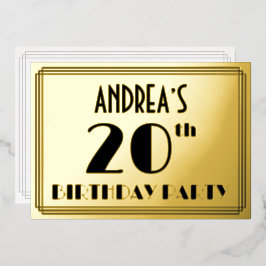 Invitación Con Relieve Metalizado 20.ª Fiesta de Cumpleaños — Aspecto Art Deco "20" 
