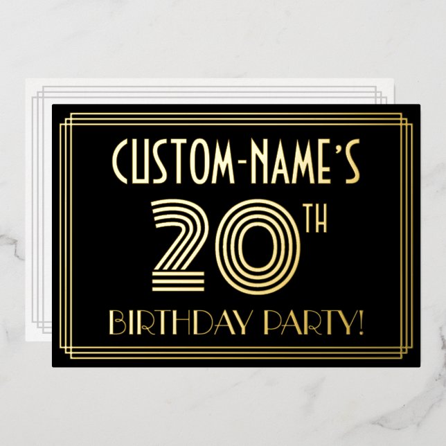Invitación Con Relieve Metalizado 20.ª Fiesta de Cumpleaños — Estilo Art Deco "20" + (Anverso/Reverso)