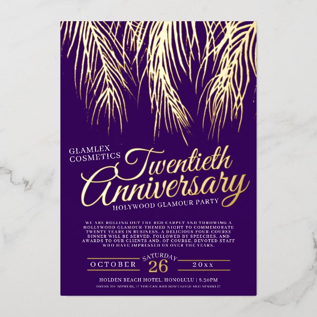 Invitación Con Relieve Metalizado 20° aniversario glamour fiesta palmas moradas de o (Anverso)