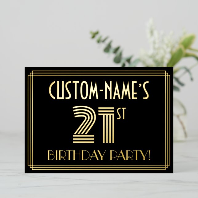 Invitación Con Relieve Metalizado 21.ª Fiesta de cumpleaños — Estilo Art Deco "21" + (Anverso de pie)