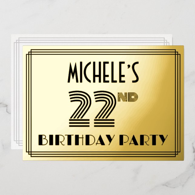 Invitación Con Relieve Metalizado 22ª Fiesta de Cumpleaños — Estilo Art Deco "22" y  (Anverso/Reverso)
