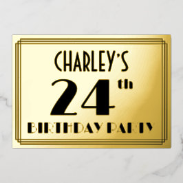 Invitación Con Relieve Metalizado 24ª Fiesta de Cumpleaños — Aspecto Art Deco "24" +