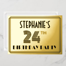 Invitación Con Relieve Metalizado 24ª Fiesta de Cumpleaños — Estilo Art Deco "24" y 