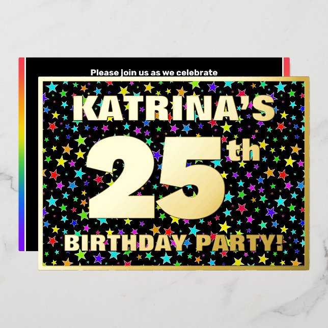 Invitación Con Relieve Metalizado 25ª fiesta de cumpleaños — Patrón de estrellas div (Anverso/Reverso)