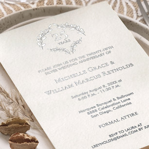 Invitación Con Relieve Metalizado 25º Aniversario de Bodas de Plata Luxe elegante