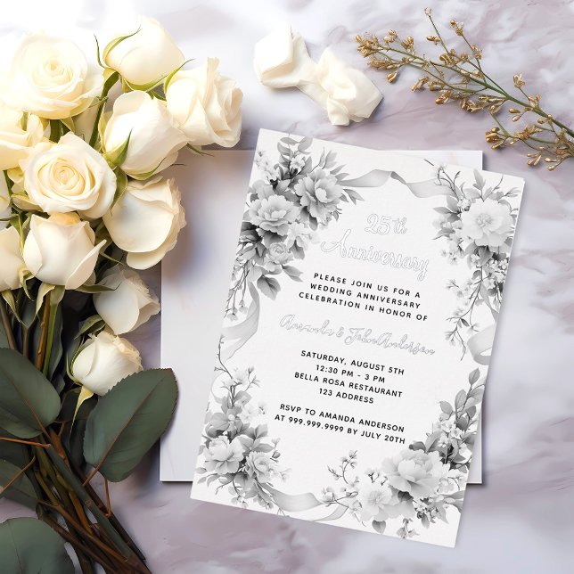 Invitación Con Relieve Metalizado 25.º boda aniversario de florales plateados (Subido por el creador)