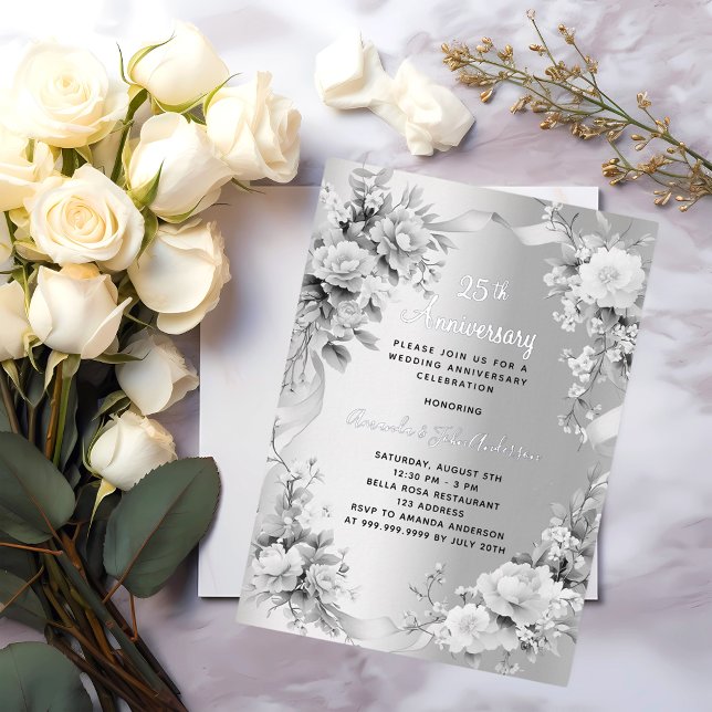 Invitación Con Relieve Metalizado 25.º boda aniversario de florales plateados (Subido por el creador)