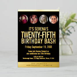 Invitación Con Relieve Metalizado 25.º cumpleaños, círculos de fotos en negro y oro